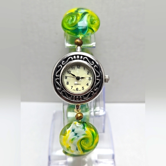 Womens Seiko Movement Lampwork Beaded Watch Bracelet Green Yellow Glass Art - Picture 1 of 9